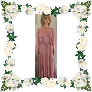 Vintage Pink Satiny Lace High Collar Neck Gown Union Made Prom Bridesmaid Formal